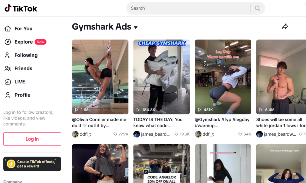 Capture d'écran de la page de Gymshark.